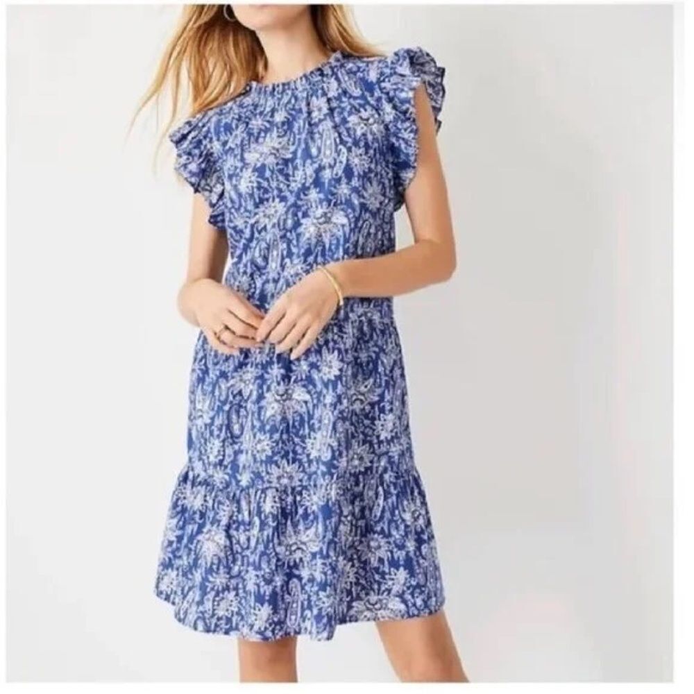 Ann Taylor Paisly Tiered Shift Dress Womens Small Blue Ruffle Sleeve Boho